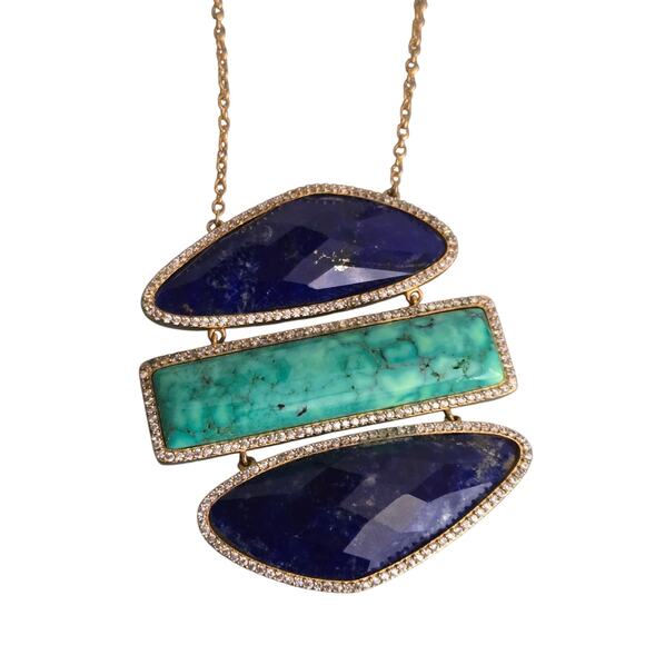 Gorgeous Statement Necklace by Marcia Moran 18K GP, Turquoise Blue Lapis & CZ - Picture 3 of 9